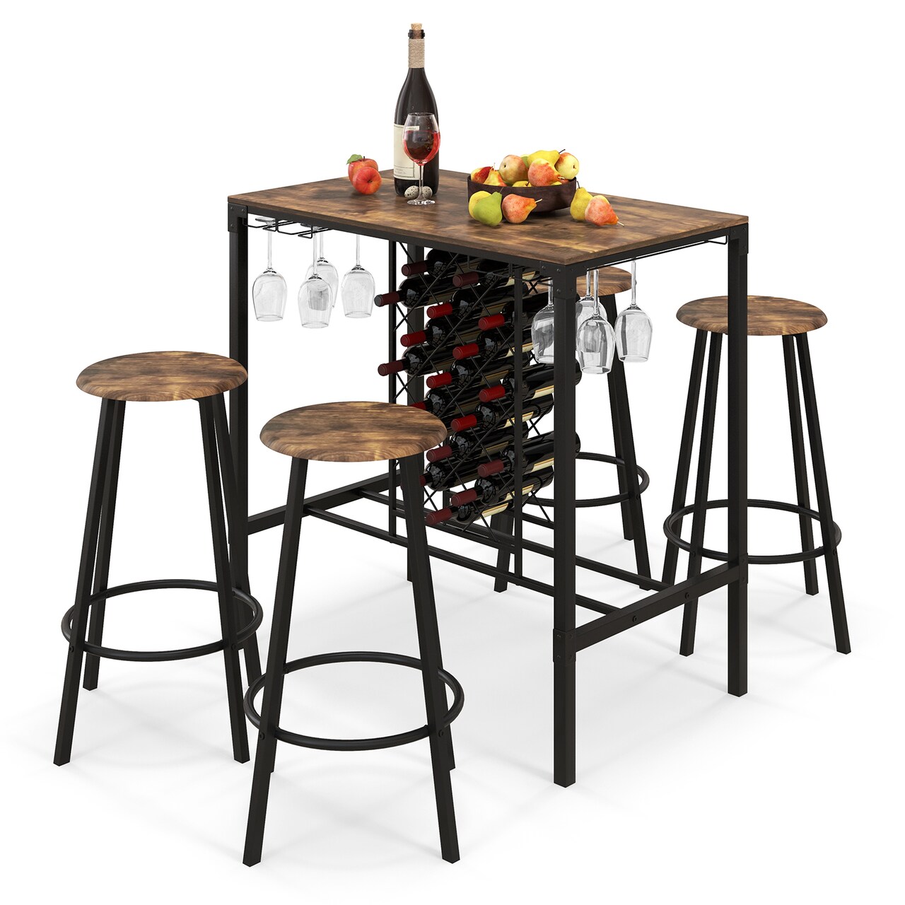 Bar Table Set 5-Piece with Stools, Wine Storage, and Glass Rack